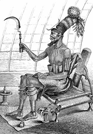 King Re Munza of the Mangbetu tribe in ceremonial costume, Congo-Kinshasa