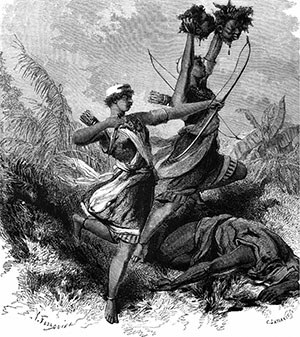 Dahomey — Guerriere del Dahomey sollevano teste trofeo in una scena di battaglia.