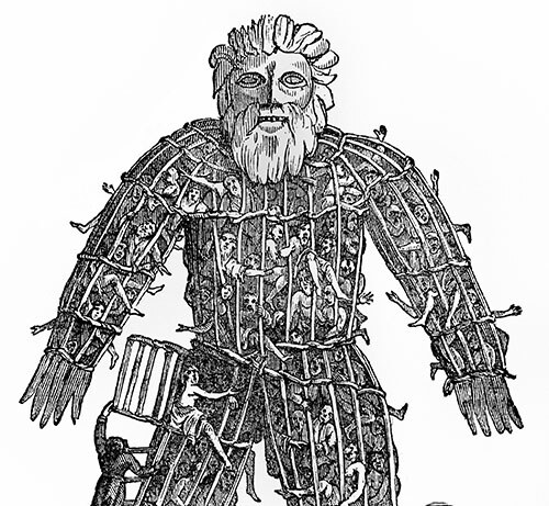 Human sacrifice (wicker man) by Gallic (Gaulish) druids, a Celtic people, to the god Teutate