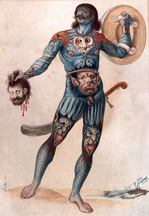 Pitti — Un guerriero pitto dipinto che tiene una testa: una ricostruzione artistica di epoca successiva.