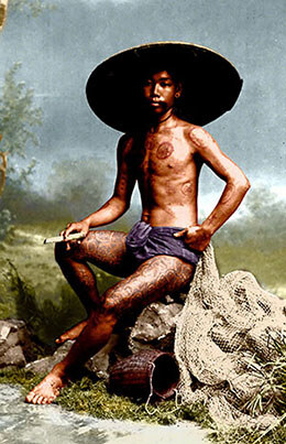 Burmese fisherman with traditional trouser tattoo