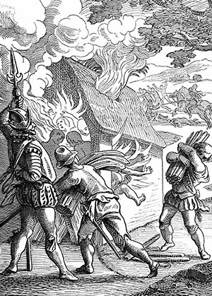 Spaniards burning Indigenous people alive on Hispaniola — historical engraving