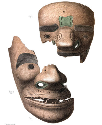 Funeral dance masks with tattoo patterns found on Unga Island of the Shumagin Islands in the Aleutians