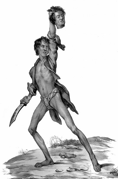 Australia — Un’illustrazione storica mostra un uomo australiano che solleva una testa mozzata.