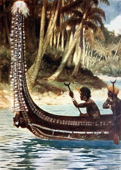 Ingova headhunters with a canoe showing the totoishu adornment