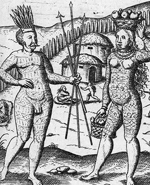 Tattooed or painted Scherves or Guaragos Indians from Paraiso Island on the Paraguay River