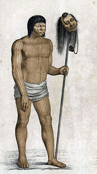 Mundurucú warrior with head trophy, Brazil