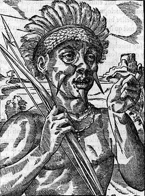 Koning van de Tupinambá, afgebeeld als kannibalen, Brazilië