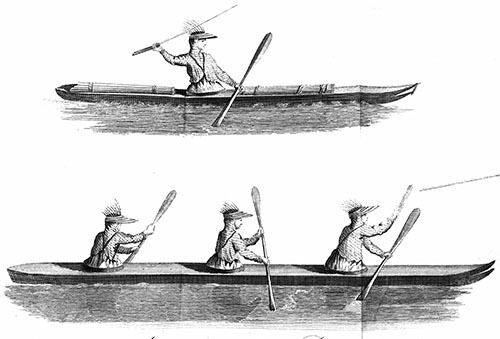 Aleutian men in their fishing boats, Alaska, c. 1800